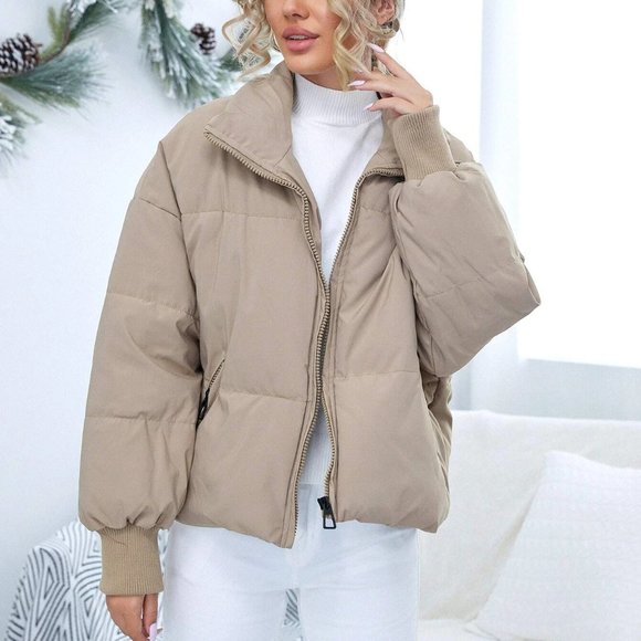 SHEIN Khaki Drop Shoulder Zip Up Puffer Jacket - Picture 6 of 9